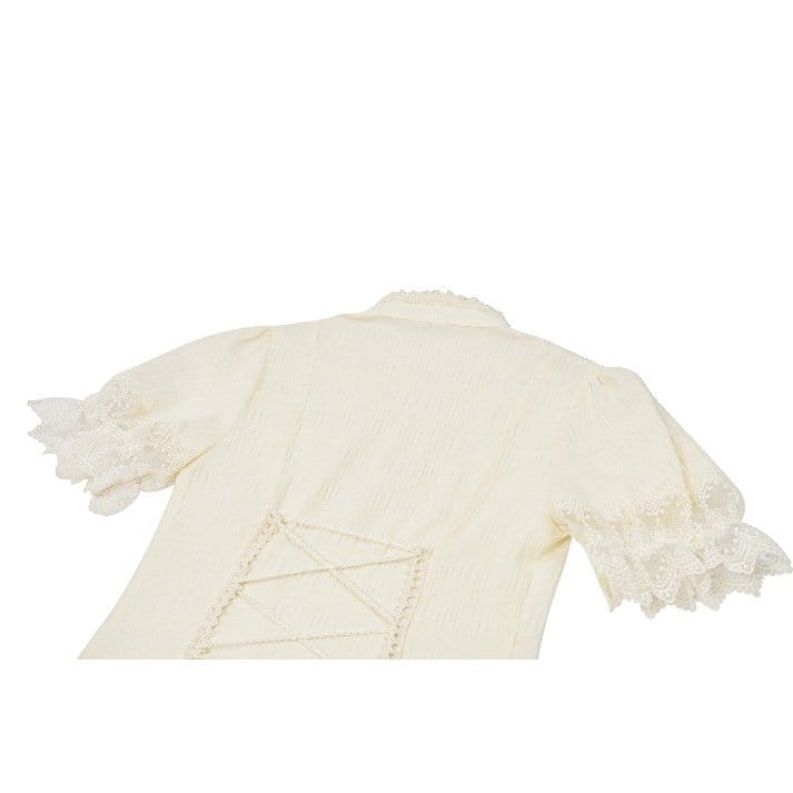 Darkinlove Women's Steampunk Lace Patchwork Lace-up Puff Sleeve Shirt