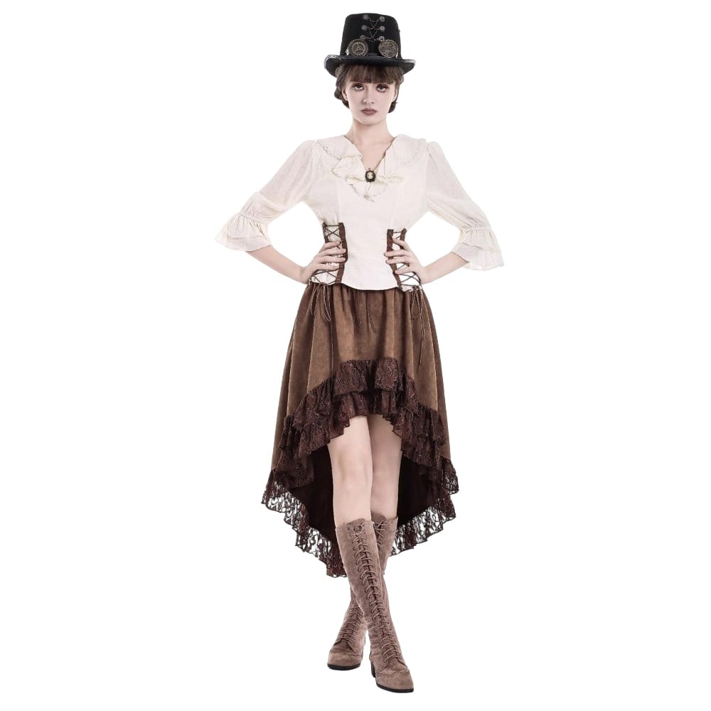 Darkinlove Women's Steampunk Lace-up Ruffle V-neck 3/4 Sleeve Blouse