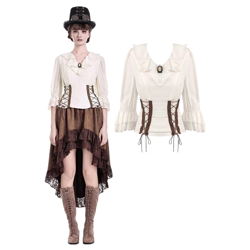 Darkinlove Women's Steampunk Lace-up Ruffle V-neck 3/4 Sleeve Blouse