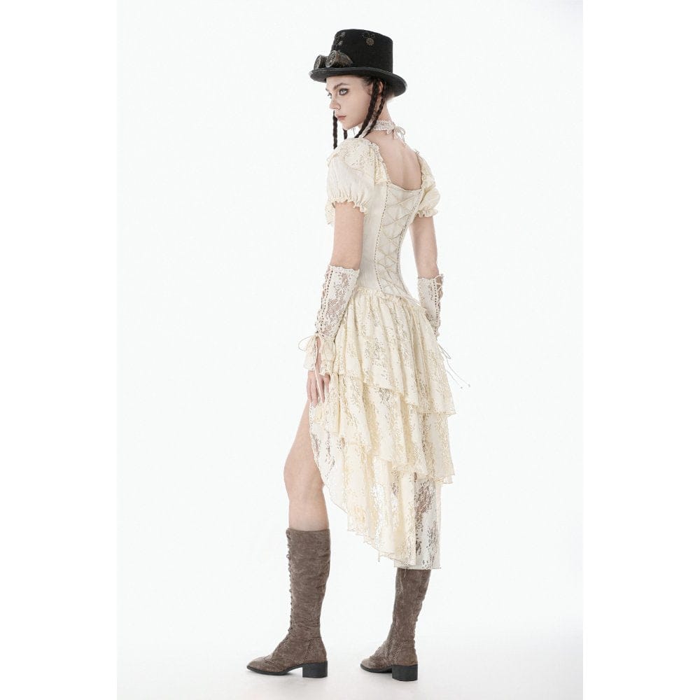 Darkinlove Women's Stempunk Asymmetric Layered Falbala Puff Short Sleeved Dress