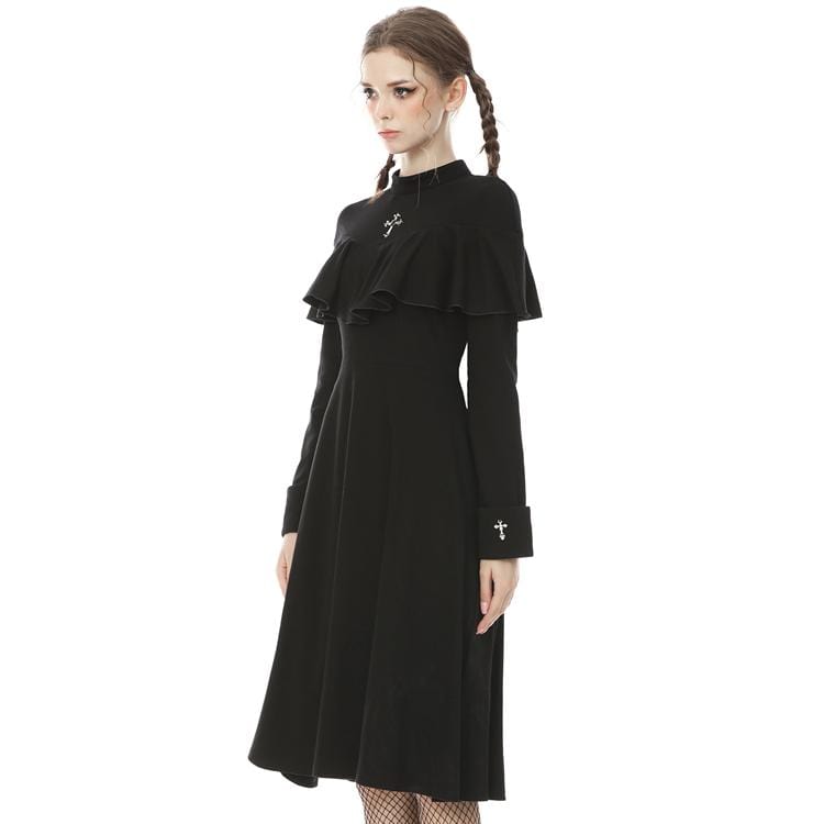 Darkinlove Women's Vintage Gothic Cross Cape Sleeve Black Little Dress