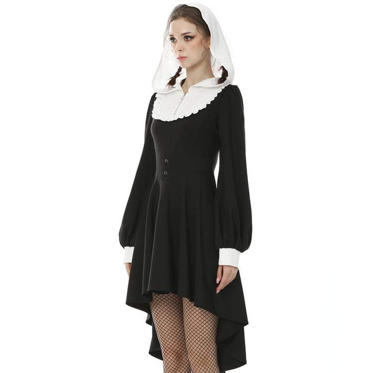 Darkinlove Women's Vintage Gothic High/Low Front Zip Maid Dress with Hood