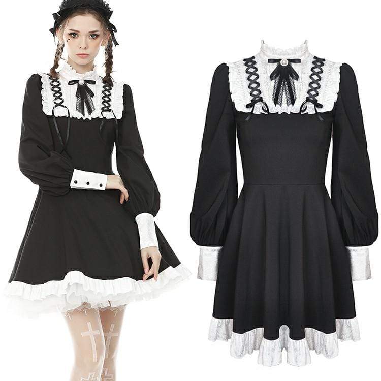 Darkinlove Women's Vintage Gothic Lace Ruffles Black Maid Dresses