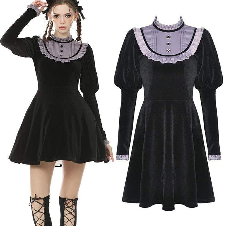 Darkinlove Women's Vintage Gothic Puff Sleeved Velet Doll Dresses