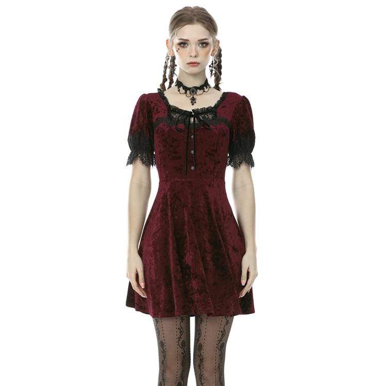 Darkinlove Women's Vintage Gothic Rose Red Velet Dresses with Lace Sleeves