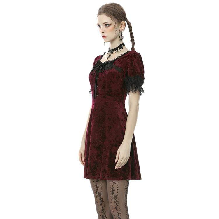 Darkinlove Women's Vintage Gothic Rose Red Velet Dresses with Lace Sleeves