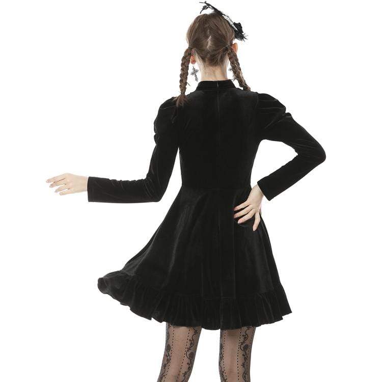 Darkinlove Women's Vintage Gothic Ruffles Puff Sleeve Velet Black Little Dress