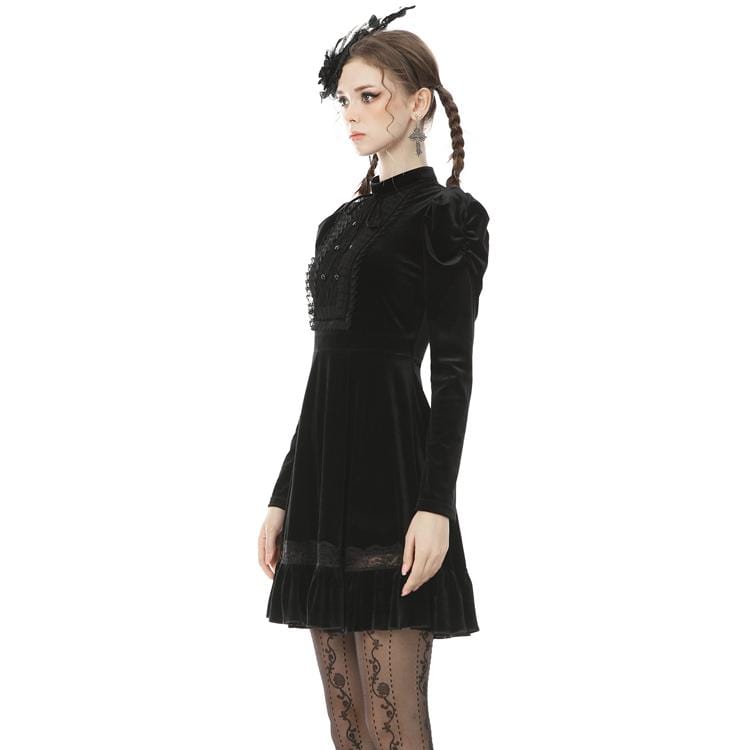 Darkinlove Women's Vintage Gothic Ruffles Puff Sleeve Velet Black Little Dress