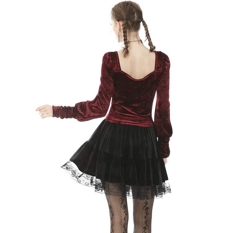 Darkinlove Women's Vintage Gothic Ruffles Velet Mini Skirts with Lace Hem