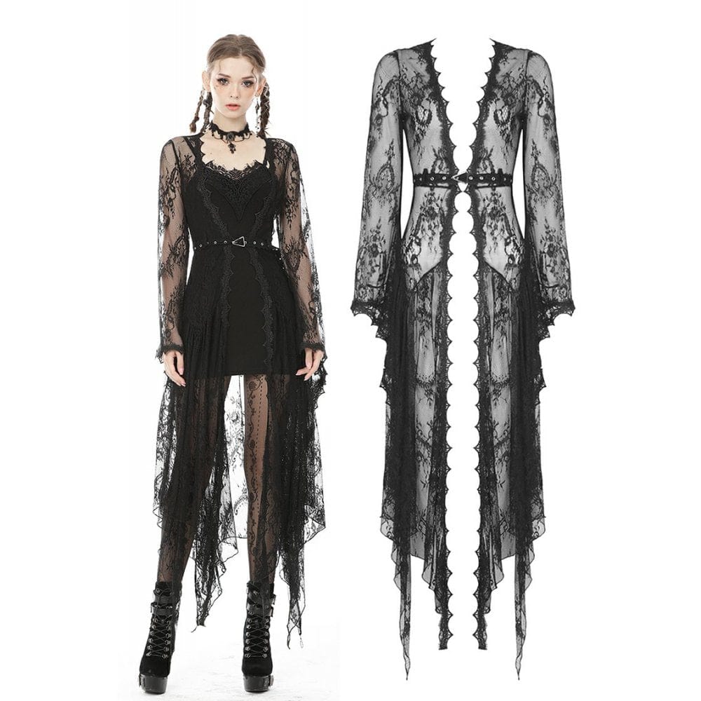 Darkinlove Women's Vintage Gothic Sheer Floral Lace Maxi Cape with Belts