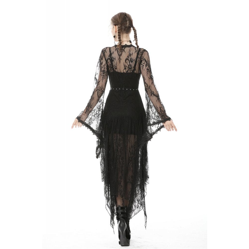 Darkinlove Women's Vintage Gothic Sheer Floral Lace Maxi Cape with Belts