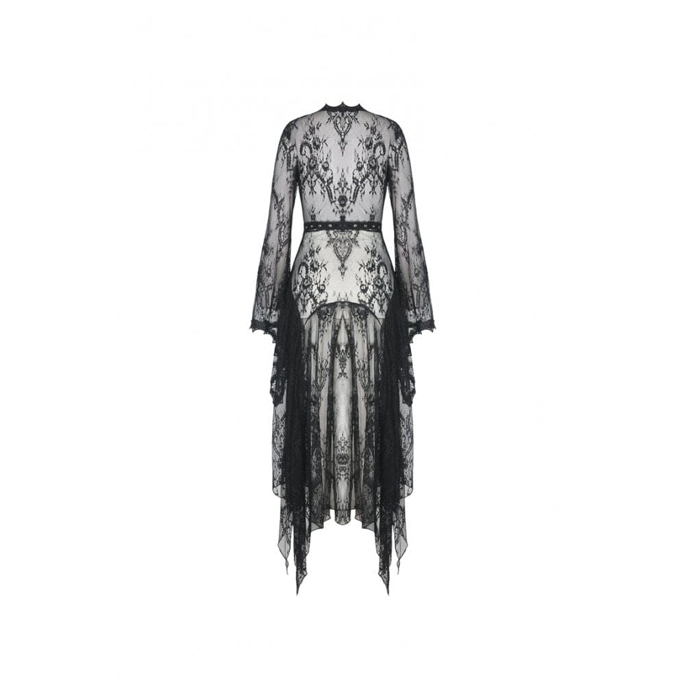 Darkinlove Women's Vintage Gothic Sheer Floral Lace Maxi Cape with Belts