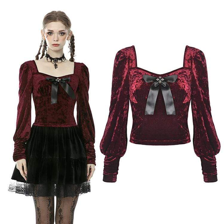 Darkinlove Women's Vintage Gothic Square Collar Puff Sleeved Red Velet Tops with Bowknot