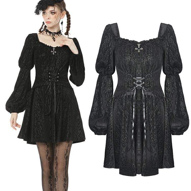 Darkinlove Women's Vintage Gothic Square Collar Puff Sleeved Velet Dress