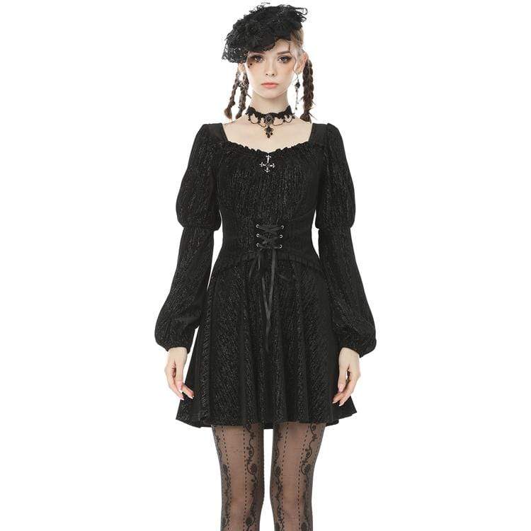 Darkinlove Women's Vintage Gothic Square Collar Puff Sleeved Velet Dress