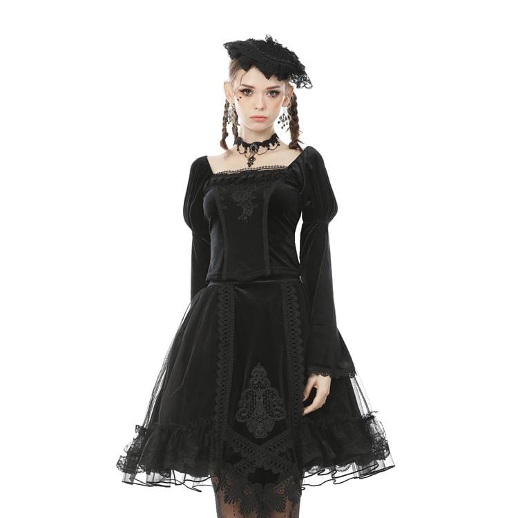 Darkinlove Women's Vintage Gothic Square Collar Puff Sleeved Velet Tops