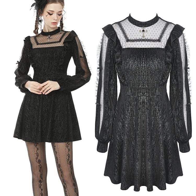 Darkinlove Women's Vintage Gothic Square Collar Sheer Sleeve Black Little Dresses
