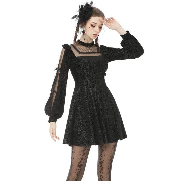 Darkinlove Women's Vintage Gothic Square Collar Sheer Sleeve Black Little Dresses