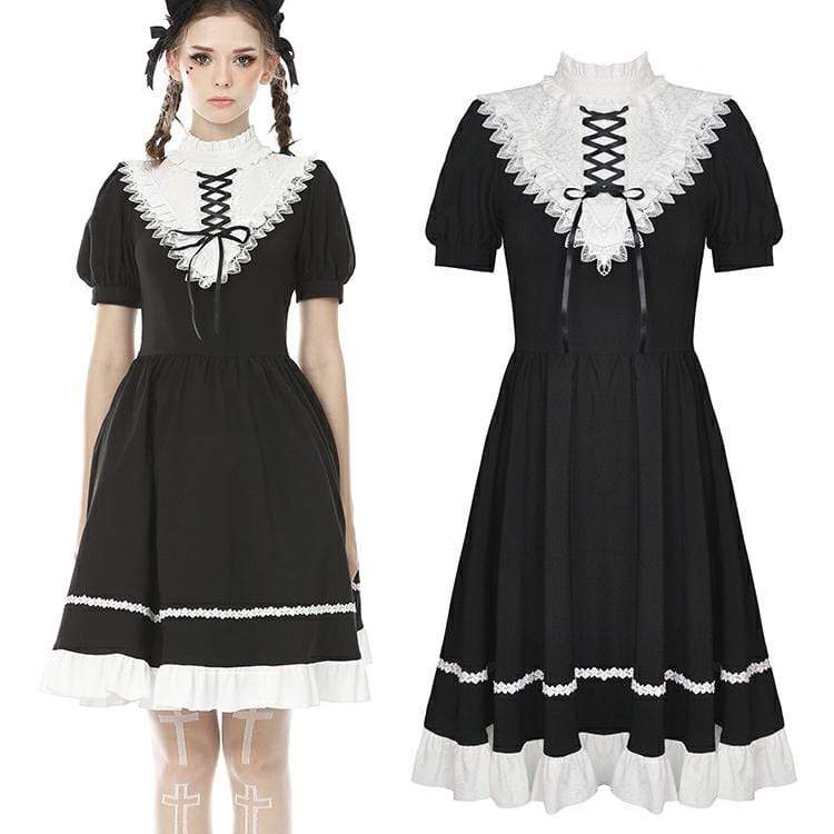 Darkinlove Women's Vintage Gothic Stand Collar Lacing Ruffles Princess Dresses