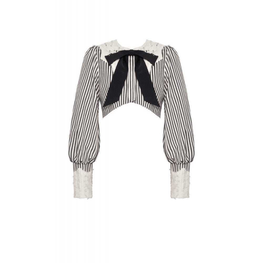 Darkinlove Women's Vintage Puff Sleeved Striped Short Shirt