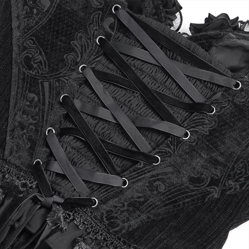 DEVIL FASHION Women's Gothic Lace-up Jacquard Overbust Corset with Asymmetrical Draped Sheer Chiffon Tails