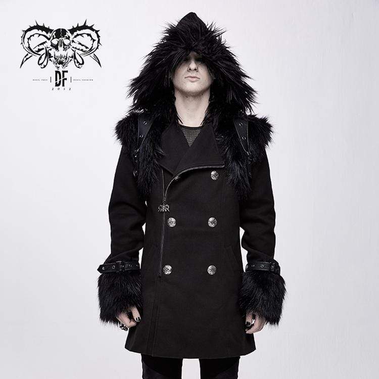 DEVIL FASHION Men's Goth Double-breasted Faux Fur Hooded Coat