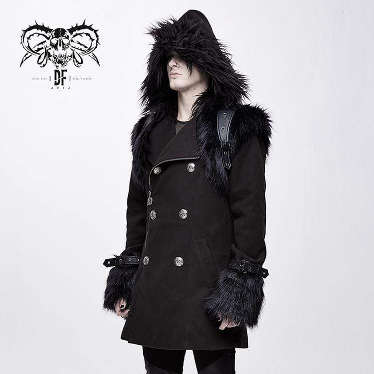 DEVIL FASHION Men's Goth Double-breasted Faux Fur Hooded Coat