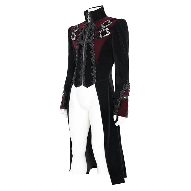 DEVIL FASHION Men's Gothic Beaded Trim Buckle Strap Zip Jacket Black
