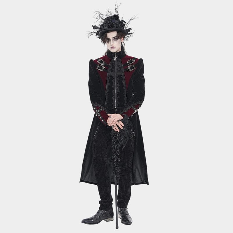 DEVIL FASHION Men's Gothic Beaded Trim Buckle Strap Zip Jacket Black