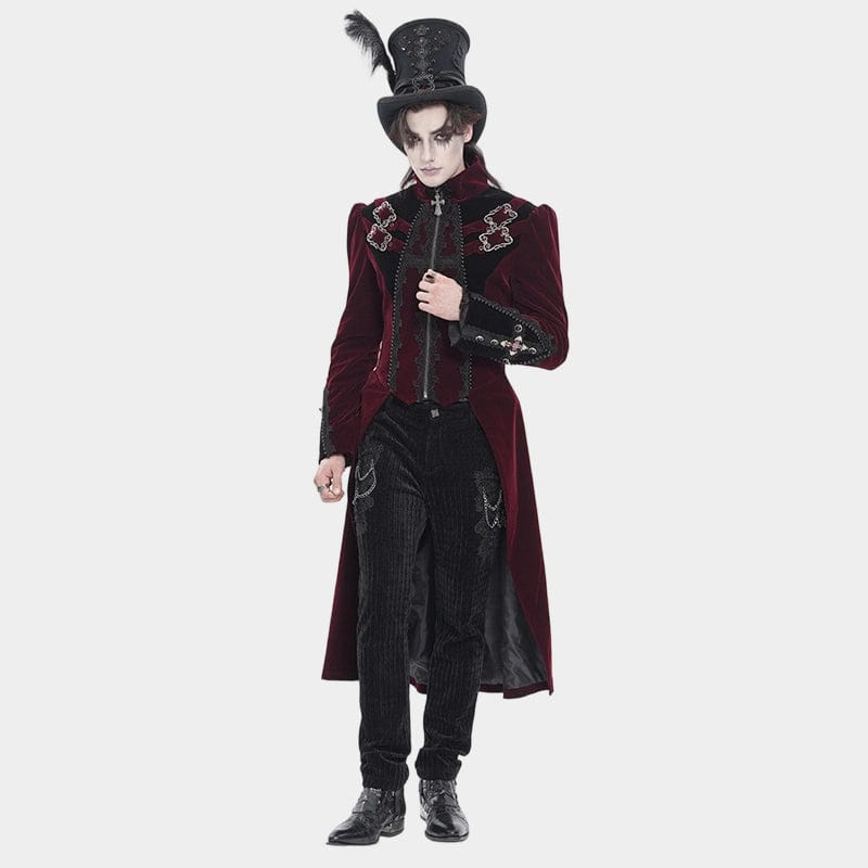 DEVIL FASHION Men's Gothic Beaded Trim Buckle Strap Zip Jacket Red