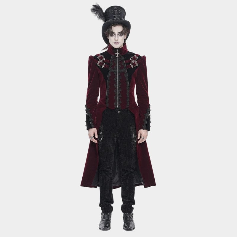 DEVIL FASHION Men's Gothic Beaded Trim Buckle Strap Zip Jacket Red