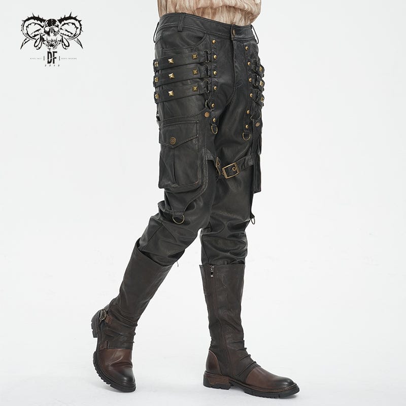 DEVIL FASHION Men's Gothic Big-pocket Gold Studded Faux Leather Pants