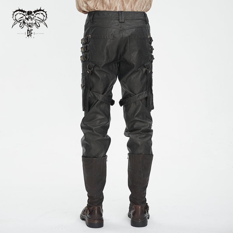 DEVIL FASHION Men's Gothic Big-pocket Gold Studded Faux Leather Pants