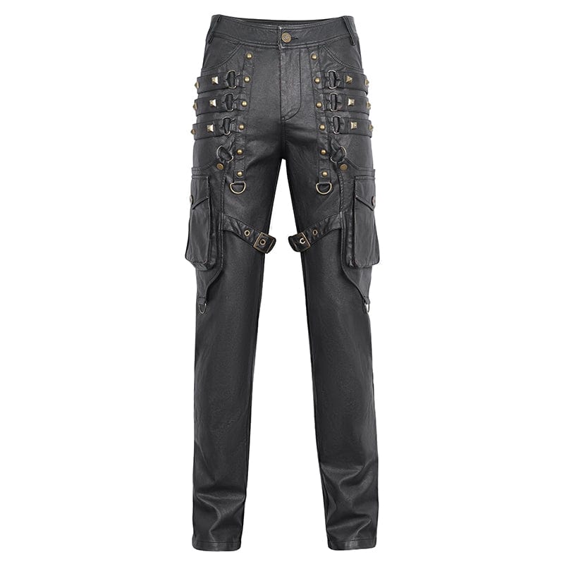 DEVIL FASHION Men's Gothic Big-pocket Gold Studded Faux Leather Pants