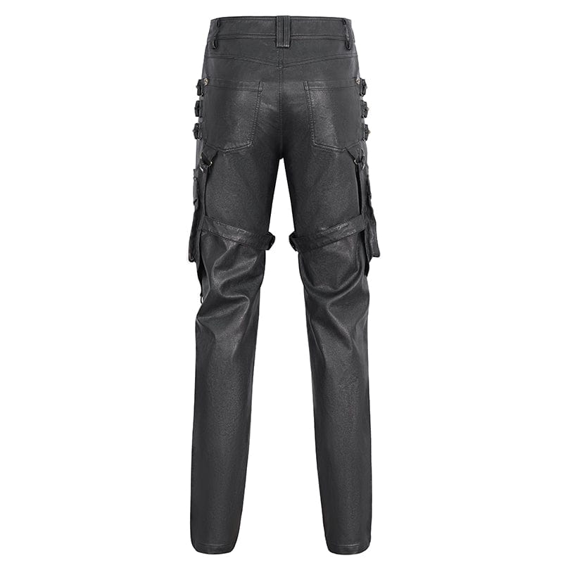 DEVIL FASHION Men's Gothic Big-pocket Gold Studded Faux Leather Pants