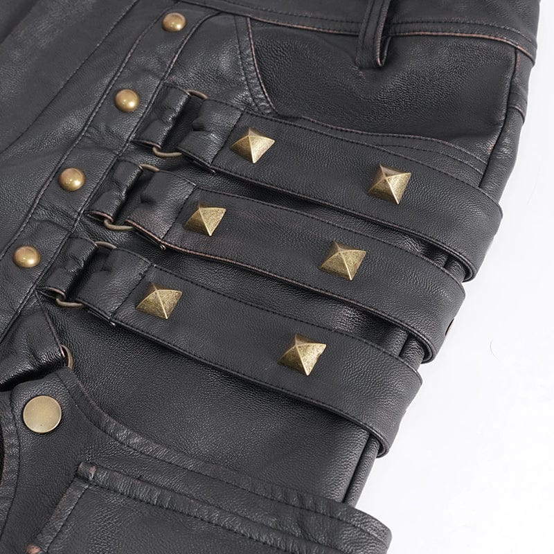 DEVIL FASHION Men's Gothic Big-pocket Gold Studded Faux Leather Pants