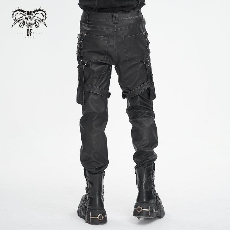 DEVIL FASHION Men's Gothic Big-pocket Sliver Studded Faux Leather Pants