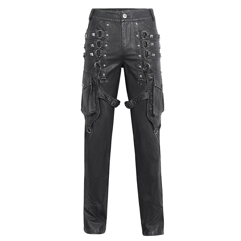 DEVIL FASHION Men's Gothic Big-pocket Sliver Studded Faux Leather Pants