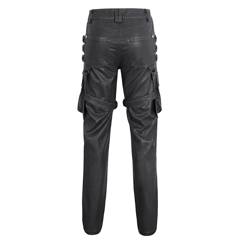 DEVIL FASHION Men's Gothic Big-pocket Sliver Studded Faux Leather Pants