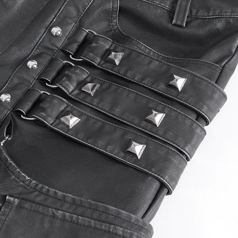 DEVIL FASHION Men's Gothic Big-pocket Sliver Studded Faux Leather Pants