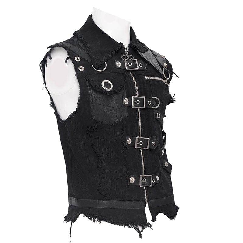 DEVIL FASHION Men's Gothic Buckle-up Eyelets Ripped Vest