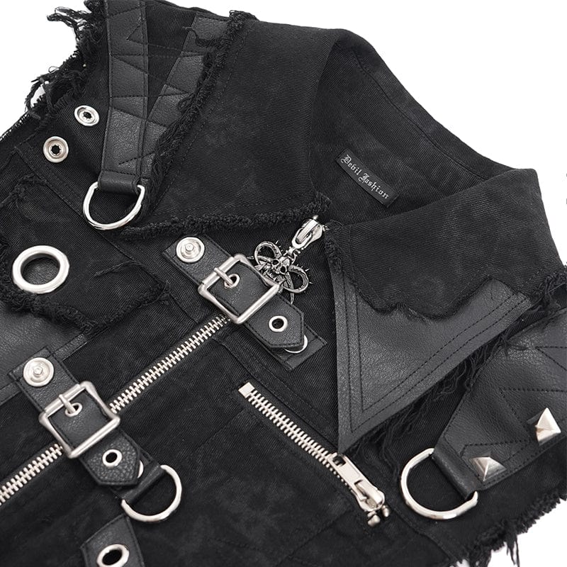 DEVIL FASHION Men's Gothic Buckle-up Eyelets Ripped Vest