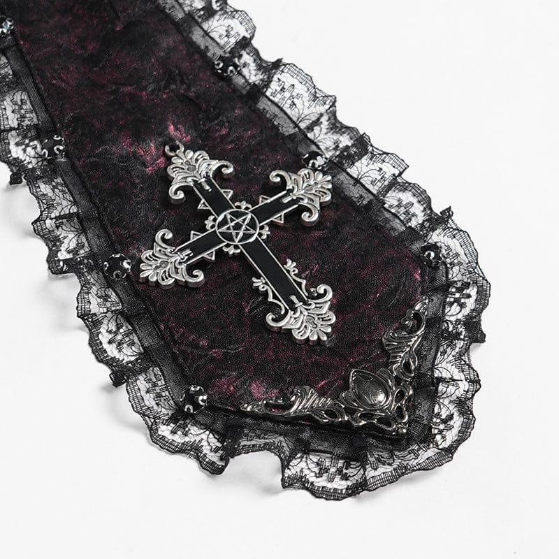 DEVIL FASHION Men's Gothic Cross Lace Ruffled Neckwear Red