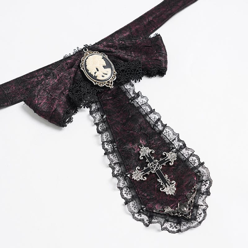 DEVIL FASHION Men's Gothic Cross Lace Ruffled Neckwear Red