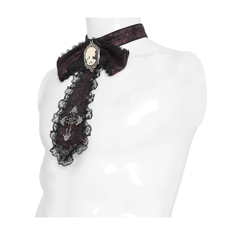 DEVIL FASHION Men's Gothic Cross Lace Ruffled Neckwear Red