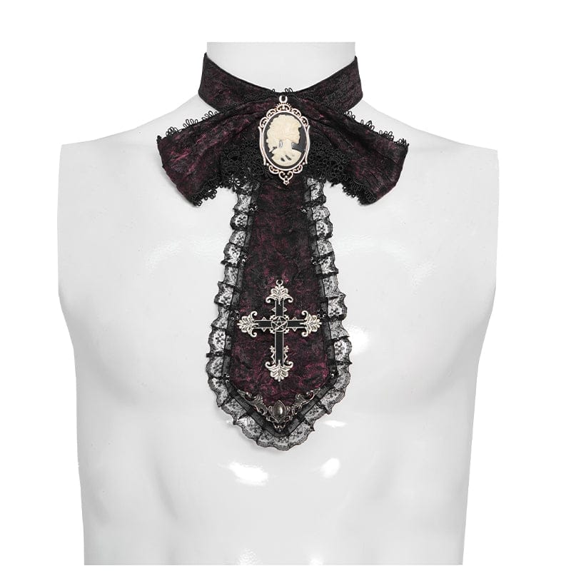 DEVIL FASHION Men's Gothic Cross Lace Ruffled Neckwear Red
