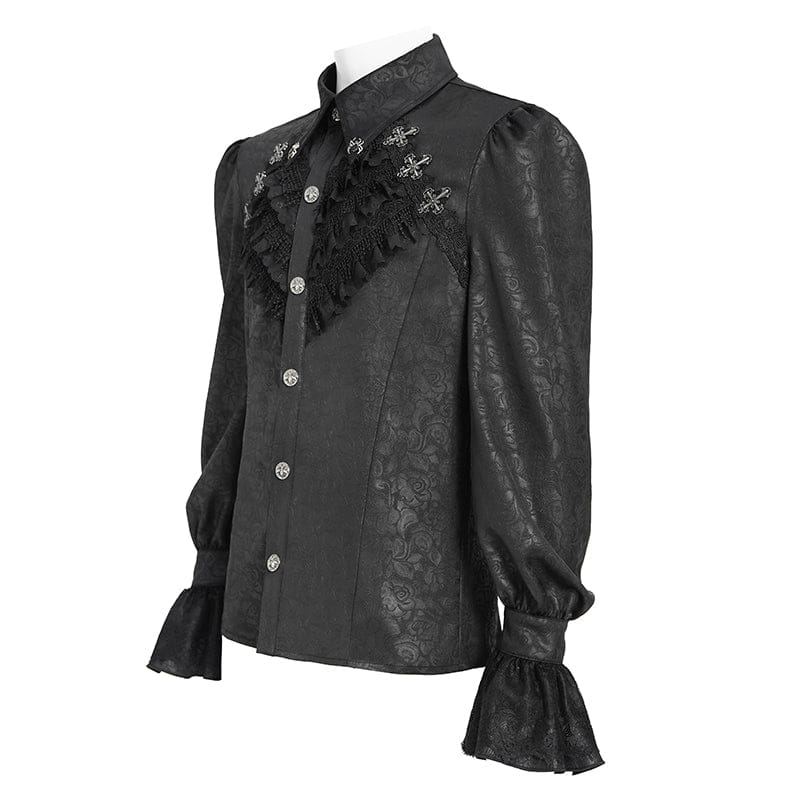 DEVIL FASHION Men's Gothic Cross Spider Turn-down Collar Bishop Sleeved Shirt Black