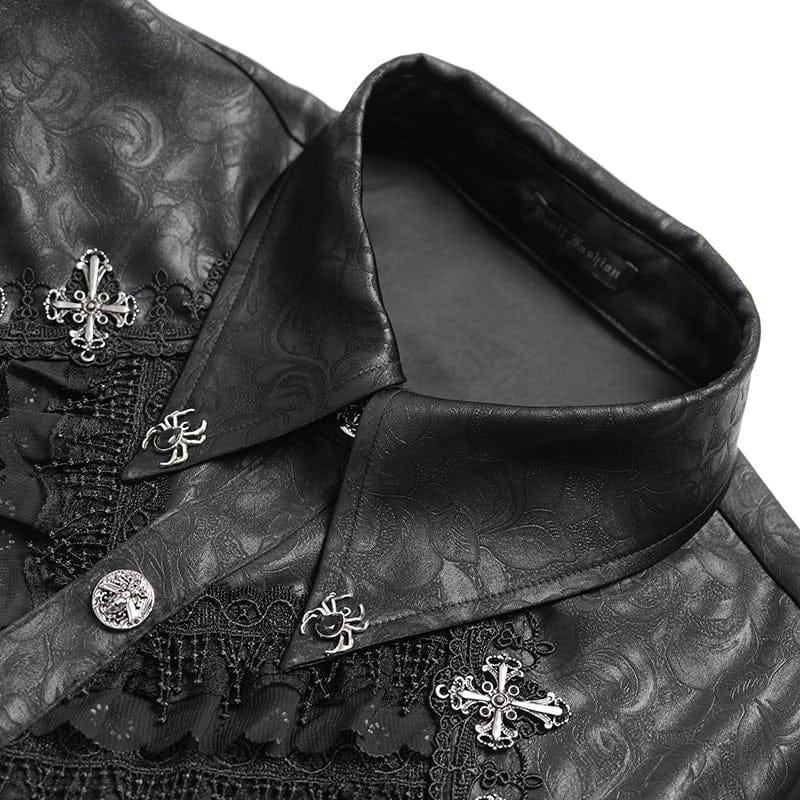 DEVIL FASHION Men's Gothic Cross Spider Turn-down Collar Bishop Sleeved Shirt Black