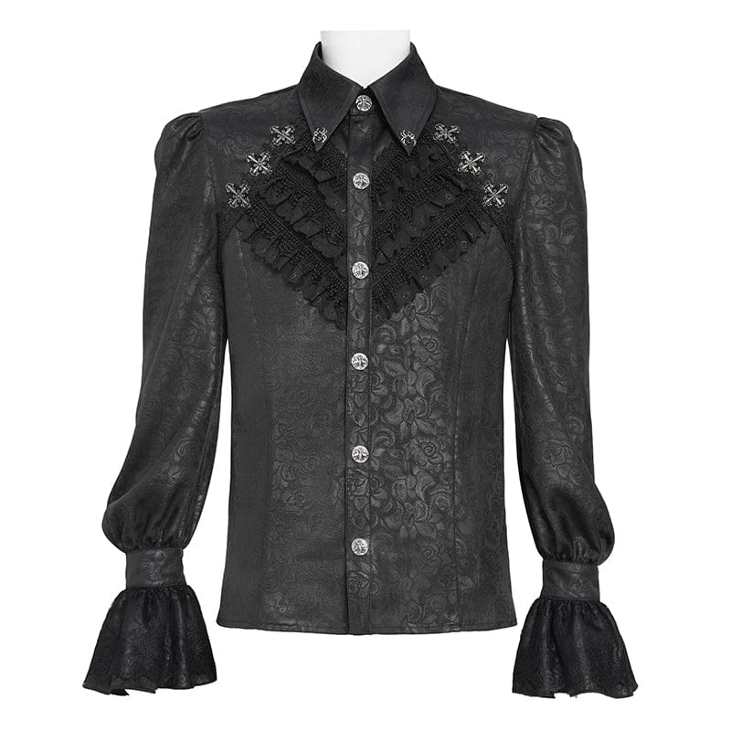 DEVIL FASHION Men's Gothic Cross Spider Turn-down Collar Bishop Sleeved Shirt Black