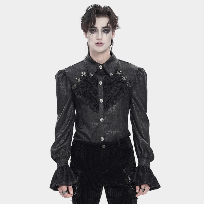 DEVIL FASHION Men's Gothic Cross Spider Turn-down Collar Bishop Sleeved Shirt Black